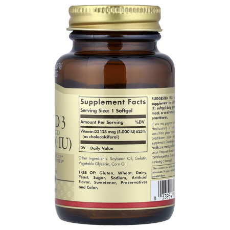 Витамин D3 (холекальциферол), Vitamin D3, Solgar, 125 мкг (5000 МЕ), 100 гелевых капсул