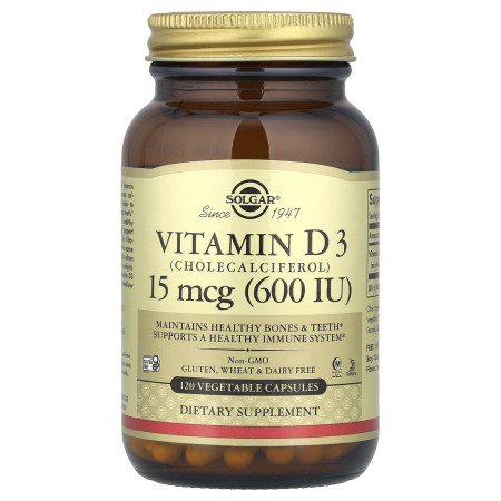 Витамин D3 (холекальциферол), Vitamin D3, Solgar, 15 мкг (600 МЕ), 120 вегетарианских капсул