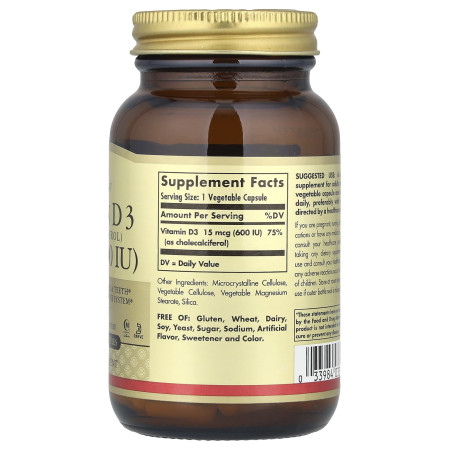 Витамин D3 (холекальциферол), Vitamin D3, Solgar, 15 мкг (600 МЕ), 120 вегетарианских капсул