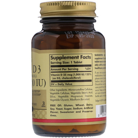 Вітамін D3 (холекальциферол), Vitamin D3, Solgar, 25 мкг (1000 МО), 90 таблеток