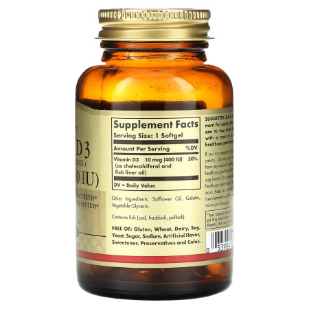 Вітамін D3, Vitamin D3, Solgar, 10 мкг (400 МО), 100 гелевих капсул