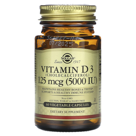 Вітамін D3, Vitamin D3, Solgar, 125 мкг (5000 МО), 60 вегетаріанських капсул