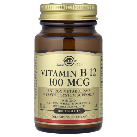 Вітамін В12 (ціанокобаламін), Vitamin B12, Solgar, 100 мкг, 100 веганських таблеток