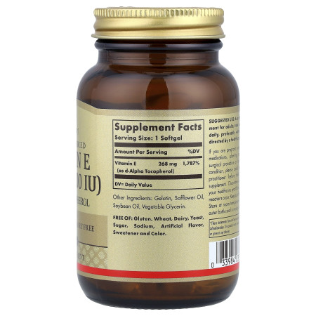 Вітамін Е (d-альфа-токоферол), Vitamin E, Solgar, натуральний, 268 мг (400 МО), 100 гелевих капсул