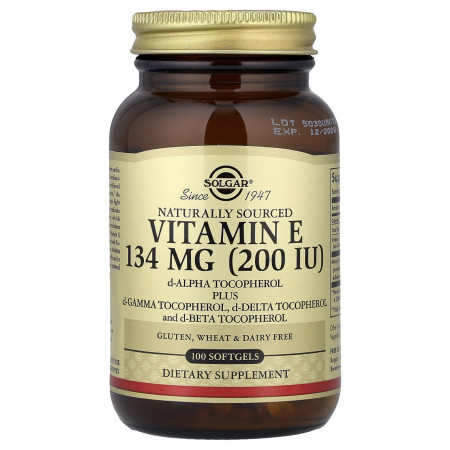 Вітамін Е, Vitamin E, Solgar, натуральний, 134 мг (200 МО), 100 гелевих капсул