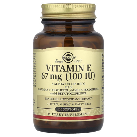 Вітамін Е, Vitamin E, Solgar, натуральний, 67 мг (100 МО), 100 гелевих капсул
