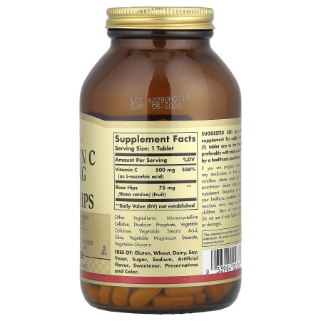 Вітамін С із шипшиною, Vitamin C With Rose Hips, Solgar, 500 мг, 250 веганських таблеток