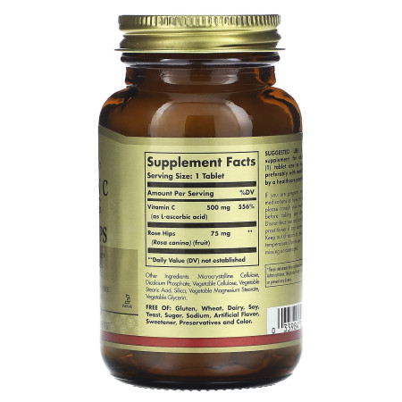 Вітамін С із шипшиною, Vitamin C, Solgar, 500 мг, 100 веганських таблеток