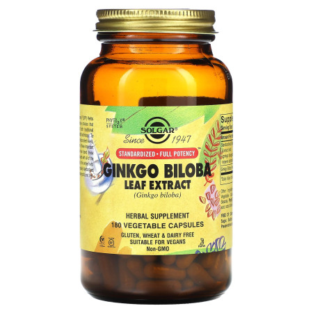 Гінкго Білоба, Ginkgo Biloba, Solgar, екстракт листя, 180 веганських капсул