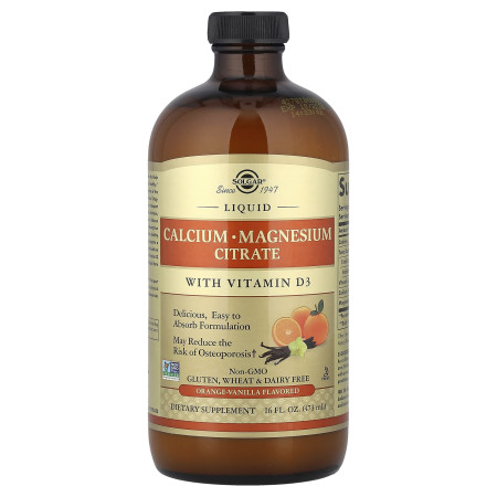 Кальцій, магній, D3, Calcium Magnesium Vitamin D3, Solgar, апельсин, ваніль, цитрат, рідкий, 473 мл