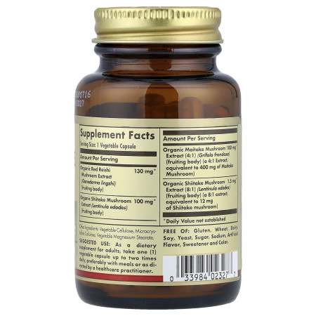 Грибы рейши, шиитаке и майтаке, Reishi Shiitake Maitake, Solgar, экстракт, 50 веганских капсул