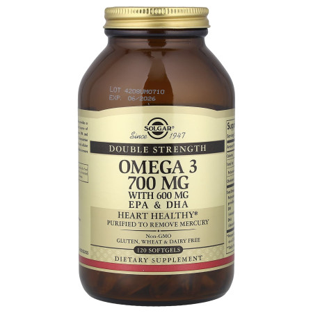 Омега-3, рыбий жир, Omega-3, EPA & DHA, Solgar, двойная сила, 700 мг, 120 гелевых капсул