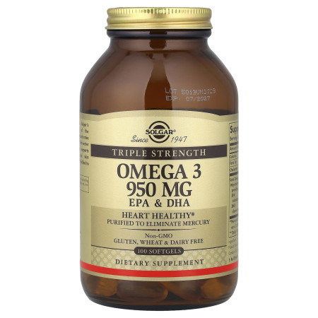 Омега-3, рыбий жир, Omega-3, EPA & DHA, Solgar, тройная сила, 950 мг, 100 гелевых капсул