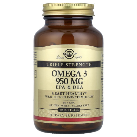 Омега-3, рыбий жир, Omega-3, EPA & DHA, Solgar, тройная сила, 950 мг, 50 гелевых капсул