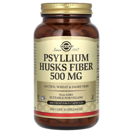 Подорожник, Psyllium Husks Fiber, Solgar, клітковина лушпиння, 500 мг, 200 веганських капсул