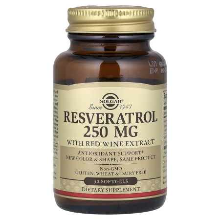 Ресвератрол, Resveratrol, Solgar, 250 мг, 30 гелевых капсул
