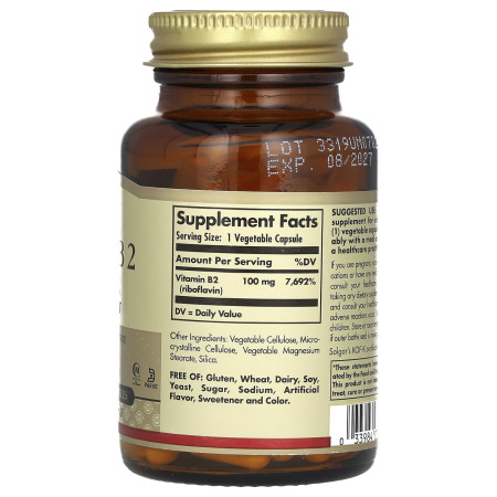 Рибофлавин (витамин В2), Vitamin B2, Solgar, 100 мг, 100 веганских капсул