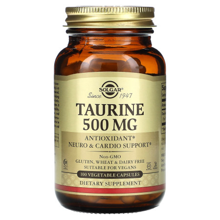 Таурін, Taurine, Solgar, 500 мг, 100 веганських капсул