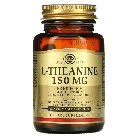 Теанін, L-Theanine, Solgar, вільна форма, 150 мг, 60 веганських капсул 