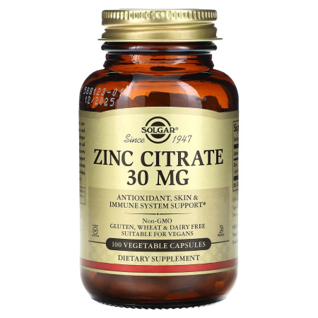Цитрат цинку, Zinc Citrate, Solgar, 30 мг, 100 веганських капсул