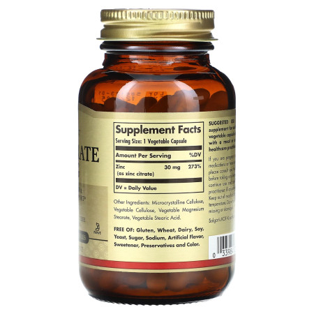 Цитрат цинку, Zinc Citrate, Solgar, 30 мг, 100 веганських капсул