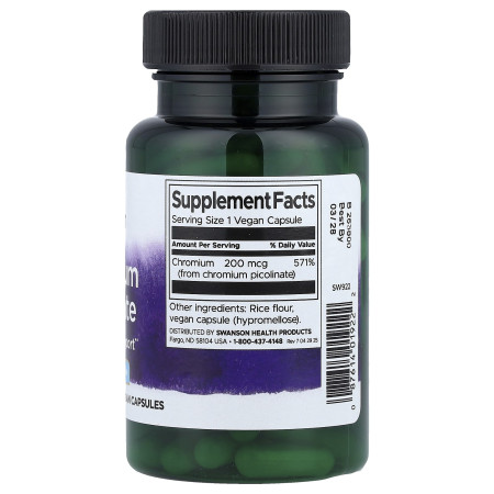 Хром піколінат, Chromium Picolinate, Swanson, 200 мкг, 100 капсул