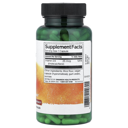 Витамин D-3, Vitamin D-3, Swanson, 1000 МЕ (25 мкг), высокоэффективный, 250 капсул