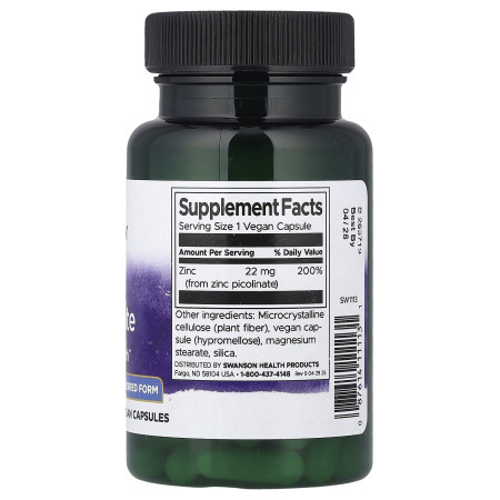 Цинк пиколинат, Zinc Picolinate, Swanson, 22 мг, 60 веганских капсул