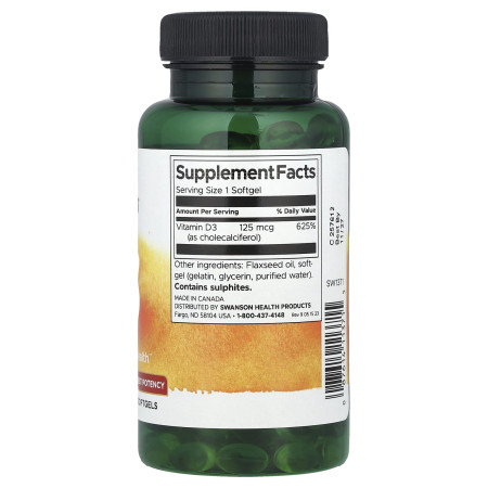 Витамин D3, Vitamin D3, Swanson, высокоэффективный, 5000 МЕ (125 мкг), 250 гелевых капсул