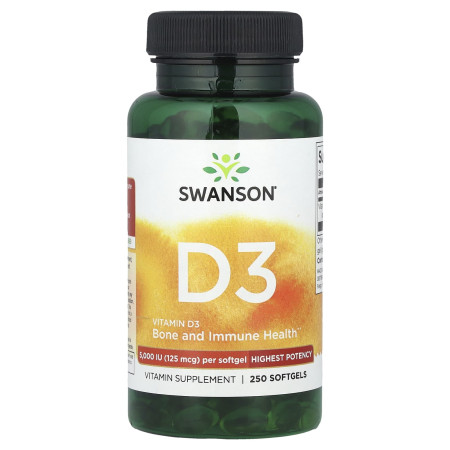 Вітамін D3, Vitamin D3, Swanson, високоефективний, 5000 МО (125 мкг), 250 гелевих капсул