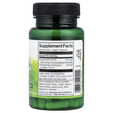 Пробиотик с ФОС, Lactobacillus Rhamnosus, Swanson, 5 млрд КОЕ, 60 веганских капсул 