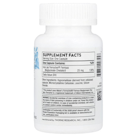 Залізо бісгліцинат, Iron Bisglycinate, Thorne, 60 капсул (25 мг на капсулу)
