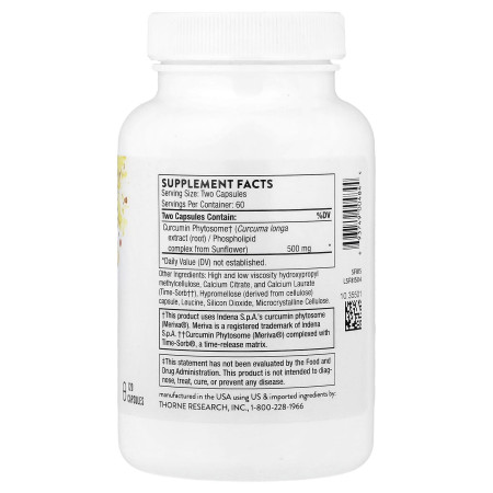 Куркумин Фитосома, Curcumin Phytosome, Thorne, с замедленным высвобождением, 120 капсул (250 мг на капсулу)