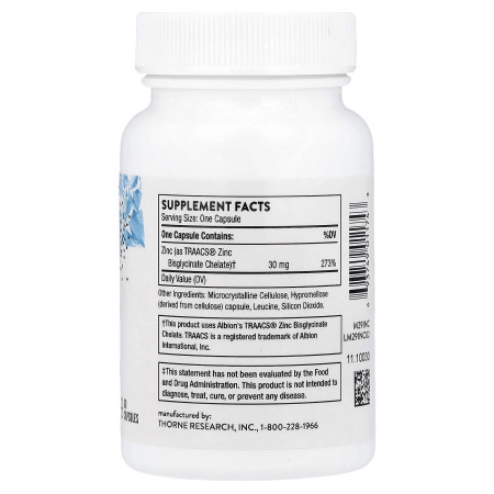 Цинк бисглицинат, Zinc Bisglycinate, Thorne, 30 мг, 60 капсул
