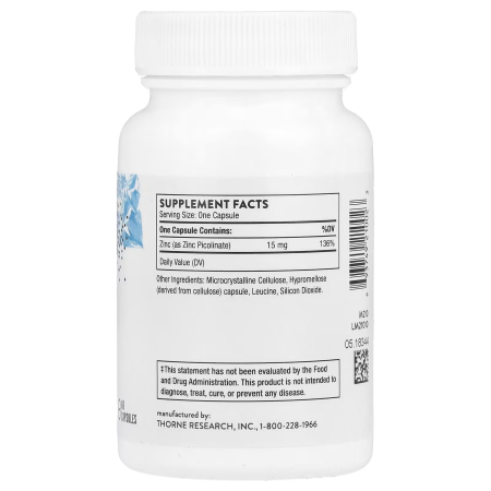Пиколинат цинка, Zinc Picolinate, Thorne, 15 мг, 60 капсул