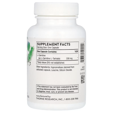 L-карнітин, L-Carnitine, Thorne, 60 капсул