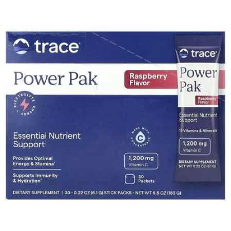 Электролиты, Electrolyte Stamina Power Pak, Trace, малина, 30 пакетов по 6.1 г