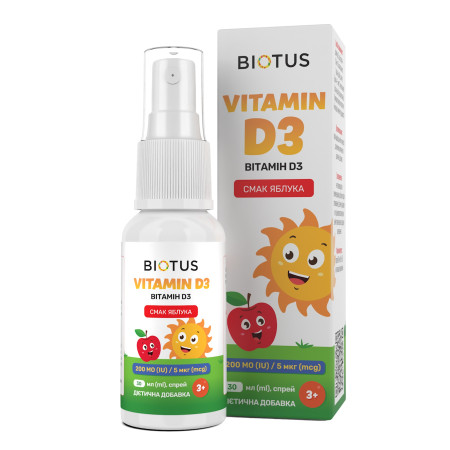 Вітамін D3, Vitamin D3, Biotus, спрей для дітей, смак яблука, 200 МО/5 мкг, 30 мл