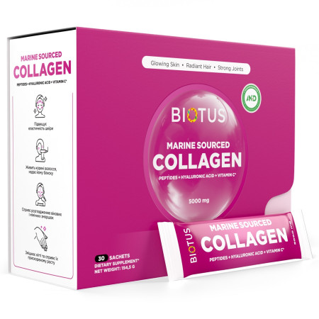 Морской коллаген с гиалуроновой кислотой и витамином С, Marine Sourced Collagen Peptidеs, Biotus, 154,5 г (30 саше)