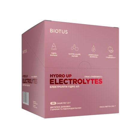 Електроліти Гідро Ап, Eloctrolytes Hydro Up, Biotus, з цукром та підсолоджувачем, смак "Грейпфрут", 30 саше (219 г)