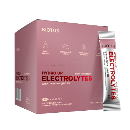 Електроліти Гідро Ап, Eloctrolytes Hydro Up, Biotus, з цукром та підсолоджувачем, смак "Грейпфрут", 30 саше (219 г)